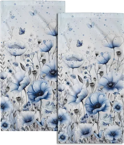 Miniatura 31 de Juego de 2 toallas de mano para el 4 de julio, 14 x 28 pulgadas, diseño patriótico de hojas florales rojas y azules, absorbentes y suaves