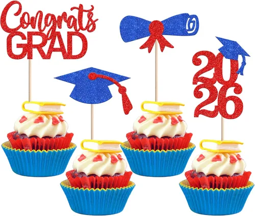 Miniatura 31 de Rsstarxi Paquete de 24 adornos para cupcakes de graduación 2026, con purpurina azul, para la clase de 2026, para diplomas, 24 piezas (6 diseños)