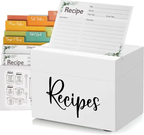 Miniatura 12 de DRASTAR Caja de tarjetas de recetas, soporte para recetas de acacia de 4 x 6, organizador de recetas con 50 tarjetas y 6 divisores, caja de tarjetas