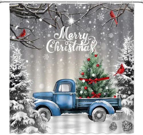 Miniatura 2 de GCTNBJL Cortina de ducha de invierno de Navidad, camión rojo y azul, árbol de Navidad, bosque gris, naturaleza, rústico, feliz Navidad, 36 x 70