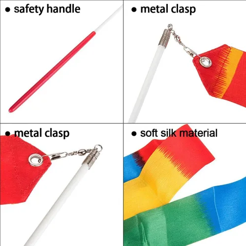 Miniatura 6 de Paquete de 4 cintas de baile de 6.6 ft, cintas de gimnasia rítmica con serpentinas de arco iris, varitas giratorias en palos para baile artístico