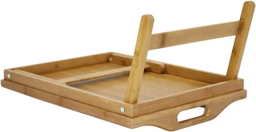 Miniatura 4 de KKTONER Bandeja de mesa de cama de bambú con patas plegables, bandeja de desayuno para cama con patas plegables para comer y portátil, bandejas