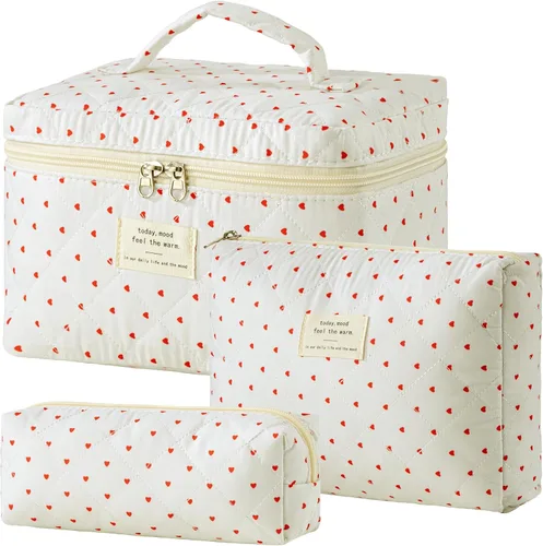 Miniatura 48 de HBselect Bolsa de maquillaje acolchada, 3 piezas de algodón grande, bolsa de maquillaje de viaje, bonita bolsa de maquillaje floral de coqueta