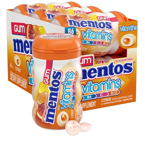 Miniatura 12 de Mentos Goma de mascar de vitaminas, goma de mascar sin azúcar con vitaminas y edulcorante de xilitol, bayas, botella de 45 unidades, 6 botellas