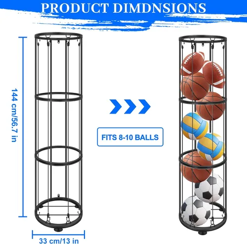 Miniatura 6 de Estante vertical de almacenamiento de bolas de 3 capas, soporte de pared para baloncesto, jaula para fútbol, voleibol, organizador deportivo