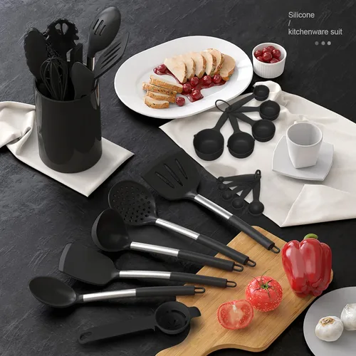 Miniatura 8 de oannao Juego de utensilios de cocina grandes de silicona, resistentes al calor, espátula, cuchara, pinzas giratorias, batidor, utensilios de cocina