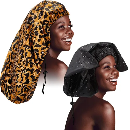 Miniatura 8 de SATINIOR 2 gorros de ducha extra grandes para trenza, impermeables, ajustables, reutilizables, con lazo de secado, gorros de pelo para mujeres