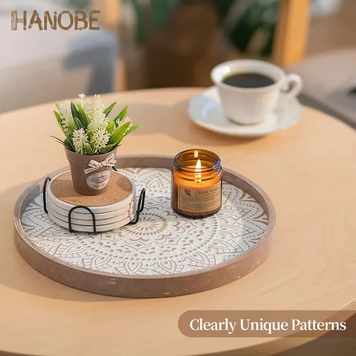 Miniatura 8 de Hanobe Bandeja Decorativa para Mesa de Café: Bandejas Redondas de Madera para Decoración Bohemia del Hogar, Centro de Mesa Rústico de Granja de 12