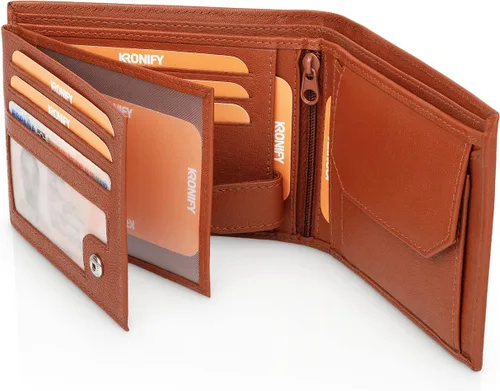 Miniatura 2 de KRONIFY Men's Leather Wallet RFID Blocking Bifold Trifold Wallet Landscape Format Coin Pocket 13 Card Slots Reinforced Seam Gift Box Included