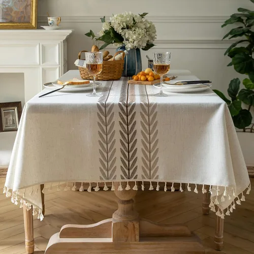Miniatura 13 de Oubonun Mantel rectangular de lino de algodón, resistente a las arrugas y resistente al agua, lavable a máquina con borlas para cocina y comedor, 55
