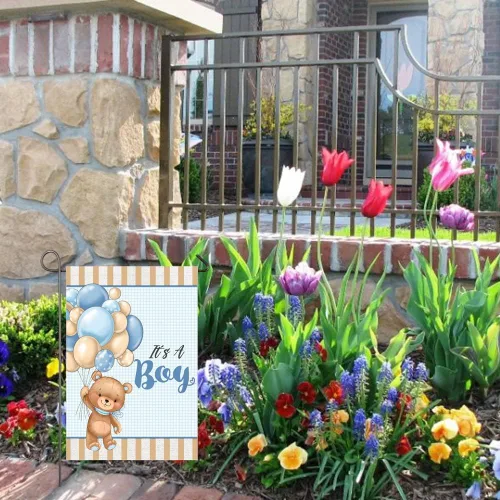 Miniatura 5 de Bandera de jardín con texto en inglés "It's A Boy" de 12 x 18 pulgadas, globos de oso de peluche de doble cara, bandera de jardín para bebé, baby