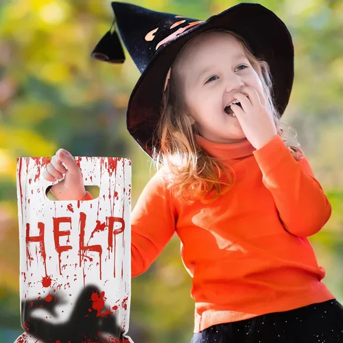 Miniatura 6 de Whaline 60 bolsas de regalo de plástico para fiesta de Halloween, con diseño de fantasma sangriento, bolsas de regalo de palabras aterradoras
