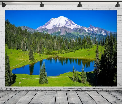 Miniatura 3 de BELECO Telón de fondo de fotografía de bosque de montaña de 5 x 3 pies, lago azul, pinos, bosque, nieve, montañas, naturaleza, paisaje, senderismo