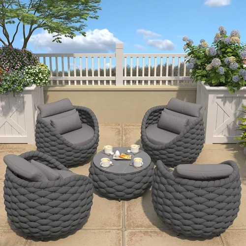 Miniatura 39 de TWT 3-Piece Woven Rope Patio Furniture Set, 2 Outdoor Armchairs with Soft Cushions + Round Aluminum Coffee Table, All-Weather Conversation Set for