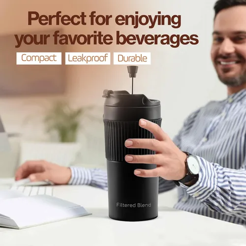 Miniatura 4 de Cafetera y tetera de prensa francesa aislada de acero inoxidable de doble pared de 15 onzas - Té portátil para acampar, taza de café y vaso (blanco)