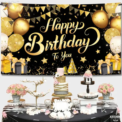 Miniatura 6 de KatchOn, Cartel de feliz cumpleaños negro y dorado – Xtragrande de 72 x 44 pulgadas Decoraciones de cumpleaños para mujeres, hombres, niños