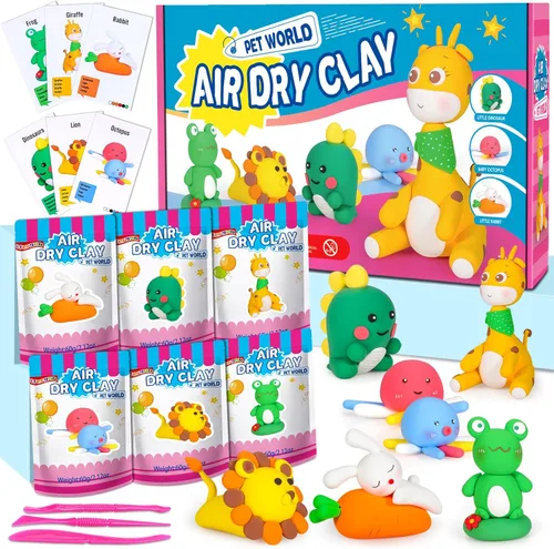 ifergoo Arcilla seca al aire para niños, kit de arcilla para modelar animales, 6 diseños de animales con herramientas de escultura y tutoriales, Kit