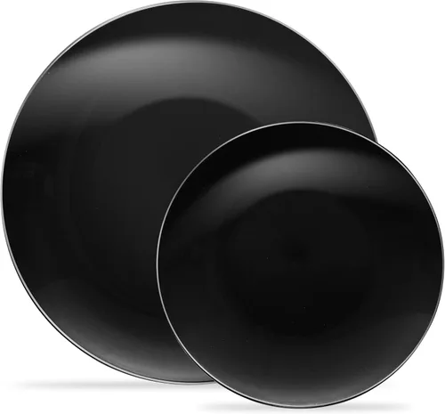 Plasticpro - Juego de platos combinados de 32 piezas que incluye platos de 16 a 7 pulgadas y platos negros de 16 a 10 pulgadas con borde plateado,
