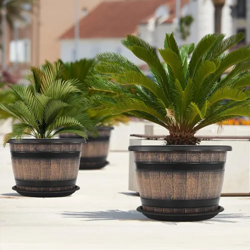 Miniatura 6 de Quarut Macetas de barril marrón de 6 pulgadas con agujeros de drenaje y platillo, juego de 4, plantas para interiores y exteriores para el hogar