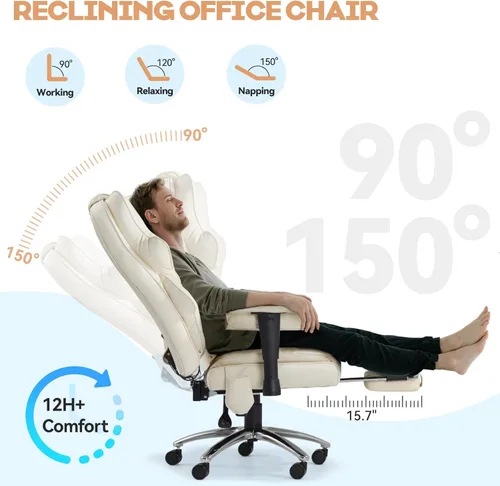 Miniatura 4 de Silla de Oficina de Masaje con Reposapiés, Silla Ejecutiva Ergonómica con Calefacción para Oficina con Respaldo Reclinable, Brazos Ajustables y Beige