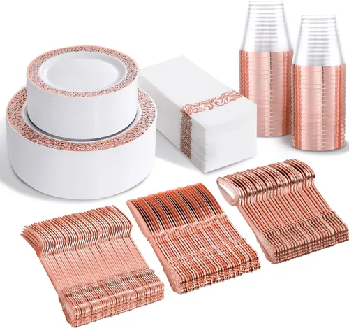 Miniatura 10 de bUCLA Juego de vajilla de plástico dorado desechable de 150 piezas, platos dorados resistentes que incluyen 25 platos de cena y 25 platos de postre