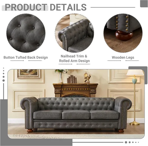 Miniatura 4 de Chesterfield - Sofá de cuero, sofá moderno de mediados de siglo de 89 pulgadas con respaldo bajo, brazo enrollable, ribete de cabeza de clavo, sofá