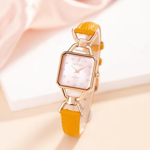 Miniatura 3 de LANZOOM Reloj de cuarzo para mujer, elegante esfera cuadrada de gradación de cristal nacarado, correa de cuero ajustable marrón y amarillo