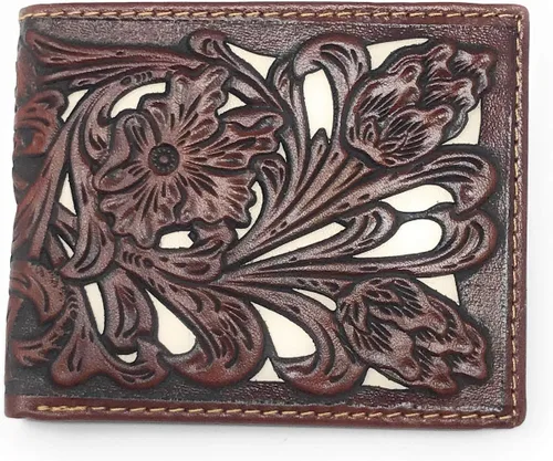 Western Genuine Tooled Leather Laser Cut Cartera corta plegable para hombre en 8 colores, CaféBeige, Classic