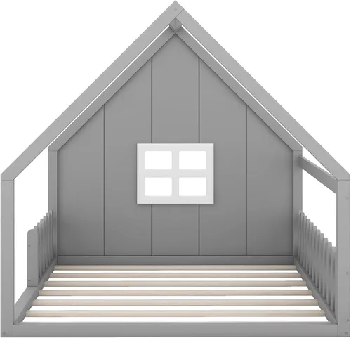 Miniatura 6 de MERITLINE Cama de casa para niños, cama Montessori tamaño matrimonial, marco de madera con rieles y ventana, no necesita somier, para niños, Gris