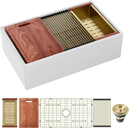 Miniatura 12 de Sarlai - Fregadero de cocina de granja blanco de 33 pulgadas, fregadero de 84 x 51 cm con delantal frontal de cerámica de porcelana vítrea