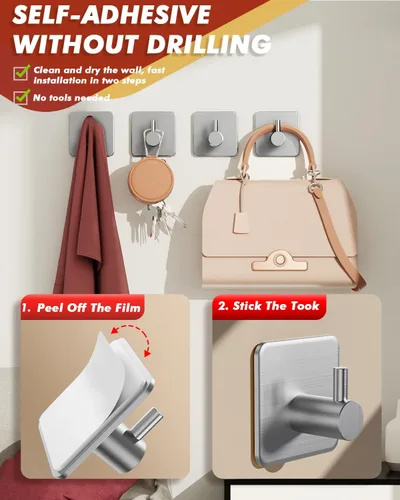 Miniatura 3 de Ganchos adhesivos resistentes de 30 lb (máx) de capacidad, juego de 5 ganchos de pared de acero inoxidable sin daños para colgar abrigos, sombreros