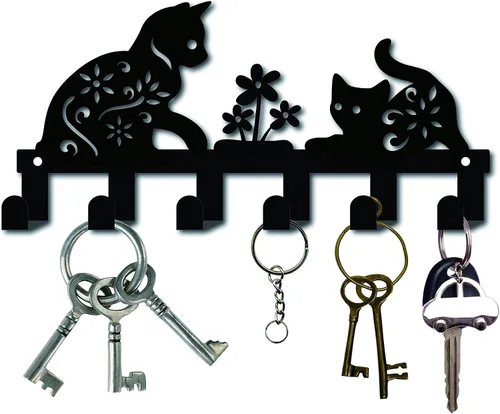 CREATCABIN Soporte de metal para llaves, ganchos negros para colgar en la pared, organizador colgante decorativo con 6 ganchos, patrón de gato y