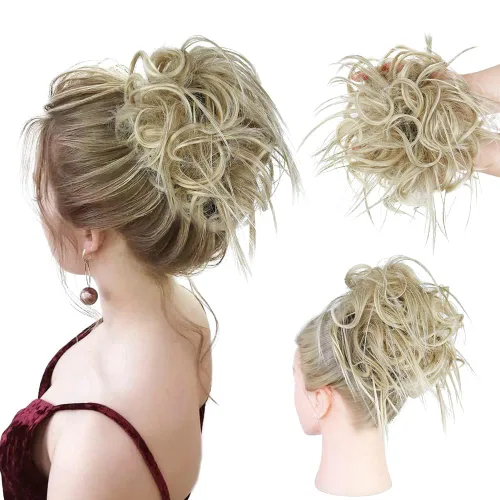 Miniatura 46 de HMD - Extensiones de cabello tipo chongo alborotado con rodelo despeinado, banda elástica de goma, extensiones de cabello sintético para mujer