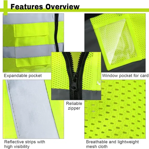 Miniatura 3 de JenPen 10 chalecos de seguridad reflectantes con bolsillos y cremallera, chaleco de construcción de malla de alta visibilidad para hombres y mujeres