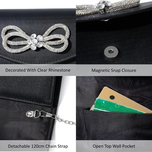 Miniatura 7 de Bolso de noche para mujer, con lazo de cristal brillante, con solapa, bolso de mano para mujer, boda, fiesta, baile de graduación