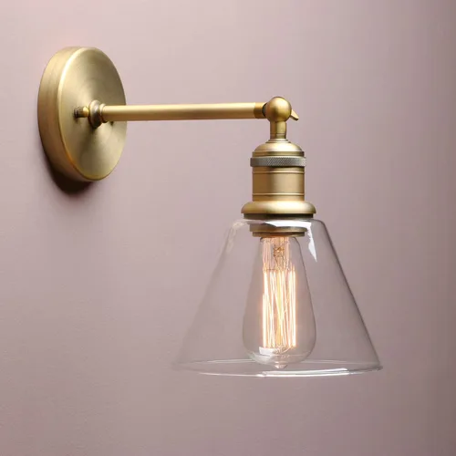 Yosoan Lámpara de pared para interiores, 1 luz moderna de latón antiguo vintage, cableado industrial con embudo acampanado de vidrio transparente