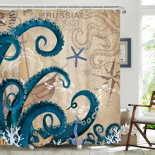 Miniatura 8 de Dazzlewall Cortina de ducha de pulpo, cortina de baño azul náutico, retro, decoración de baño, tela de poliéster impermeable con 12 ganchos, 72 x 72