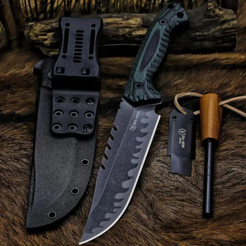 Miniatura 2 de BA-KOR Cuchillo de Caza de Hoja Fija Full Tang de 12.4 Pulgadas – Acero 9CR18MoV de 6mm, Mango G10, Hoja con Sierra Dentada en el Lomo con Acabado