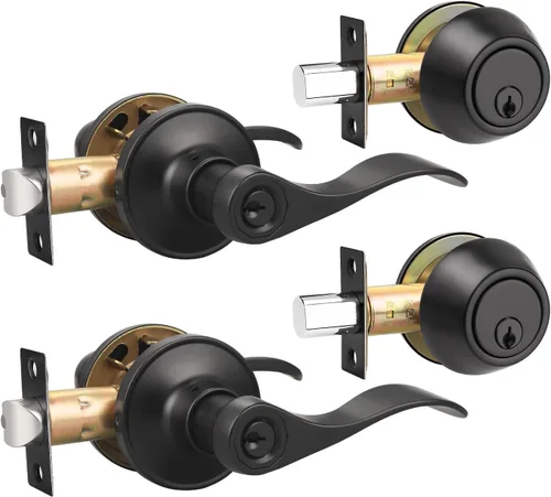 Miniatura 18 de Gobrico Keyd Alike - Manija de puerta de entrada y cerrojo de un solo cilindro en níquel satinado, palanca estilo onda con cerradura y cerrojo