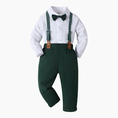 Miniatura 26 de Conjunto de pantalones para bebé, camisa de manga larga + pantalones + corbatín + tirantes, trajes de caballero para niños pequeños