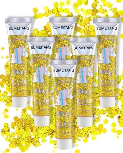 Miniatura 12 de Gel con purpurina para la cara y el cuerpo, 6 colores, con lentejuelas gruesas holográficas, pintura para fiestas, cantantes, conciertos, festivales
