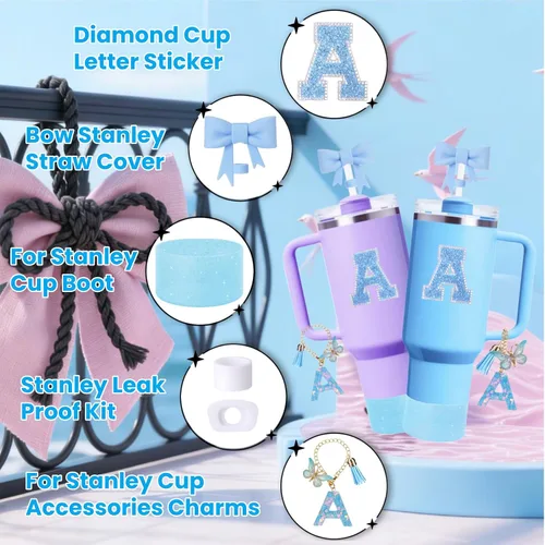 Miniatura 3 de Juego de 6 accesorios de copa Stanley color azul, adorno de pajilla con lazo para copa Stanley de 30 onzas, 40 onzas, incluye adorno de popote