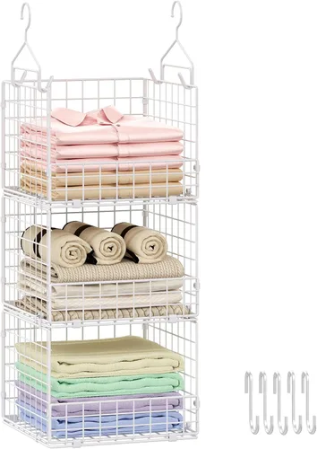 Miniatura 8 de Sonyabecca Organizador colgante de armario extra grande de 3 niveles con divisores, estantes colgantes de ropa con 2 ganchos para colgar y 5 ganchos
