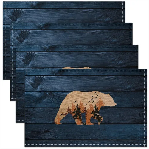 Miniatura 20 de Lodge - Juego de 4 manteles individuales de cabina con diseño de silueta de pino y oso gris, tapetes de cocina para mesa de comedor, animales
