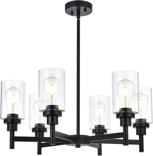 Miniatura 12 de Lámpara de araña de cristal de 4 luces estilo granja, negra, para cocina, iluminación colgante con cilindro de cristal transparente para comedor