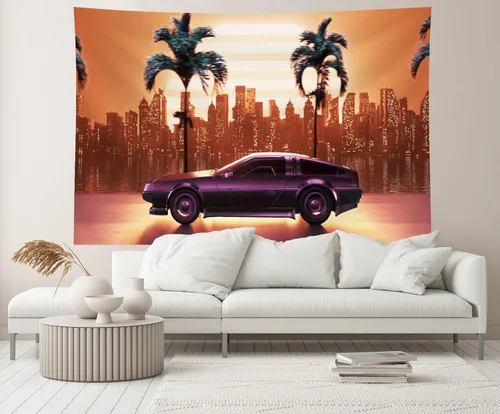 Miniatura 4 de 9x6ft Cyberpunk Car Backdrop Retro Futuristic Cyber City Skyscraper Tropical Tree Punk Racing Car Background Comic Game Racer Punk Birthday Party