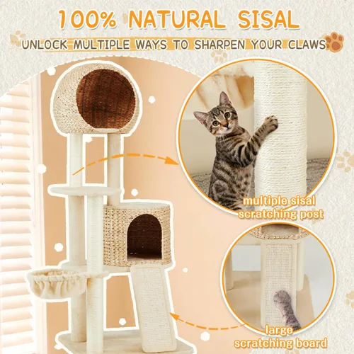 Miniatura 5 de Árbol de ratán para gatos, tejido a mano, moderno, ecológico, con poste rascador para interiores, grande, 60.2 pulgadas de alto, condominio de lujo