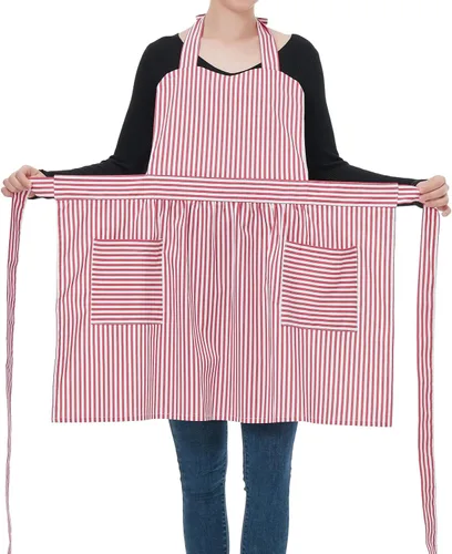 Love Potato Delantales de algodón para mujer con bolsillos, delantales de rayas suaves, perfectos para cocina, hornear y jardinería Rojo