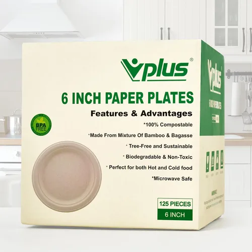 Miniatura 8 de Vplus Paquete de 125 platos de papel de 6 pulgadas, 100% compostables, platos de papel desechables de alta resistencia, bagazo, natural