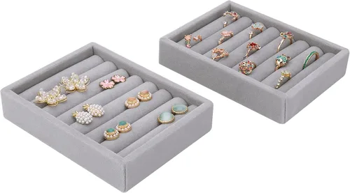 DesignSter Bandeja pequeña para joyas, 2 organizadores de anillos, bandeja de exhibición de joyas de terciopelo, bandejas organizadoras de joyas